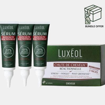 Luxeol hair loss treatment products with packaging on a white background