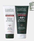 Two Luxéol hair care from anti hair loss products on a white background with a bundle offer icon.