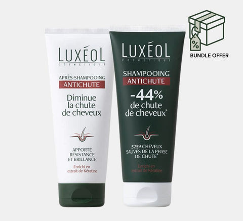 Two Luxéol hair care from anti hair loss products on a white background with a bundle offer icon.
