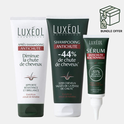 Luxéol hair care products from hair loss including shampoo, serum, and after-shampoo on a white background.