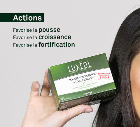 Box of Luxéol capsules held in hand – actions: growth, density, strengthening.