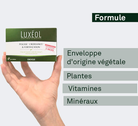 Plant‑based formula graphic – plants, vitamins, minerals in Luxéol capsules.