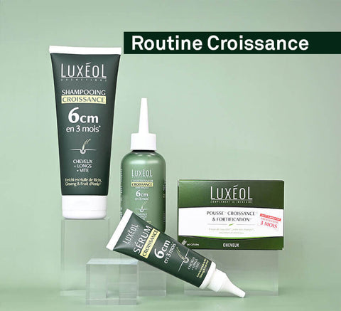 Hair density routine set – Luxéol shampoo, conditioner, and mask.
