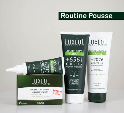 Hair growth routine set – serum, shampoo, and conditioner.