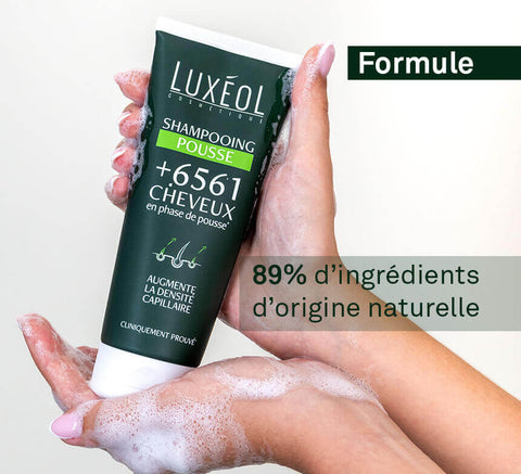 Formula: 89% natural‑origin ingredients; Luxéol shampoo in hands.
