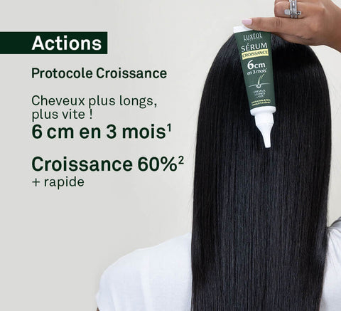 Applying Luxéol Growth Serum to scalp for 6 cm longer hair in 3 months, protocol result.