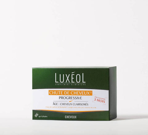 Luxéol Progressive Hair Loss 3‑month program box, 90 capsules for thinning hair over time.