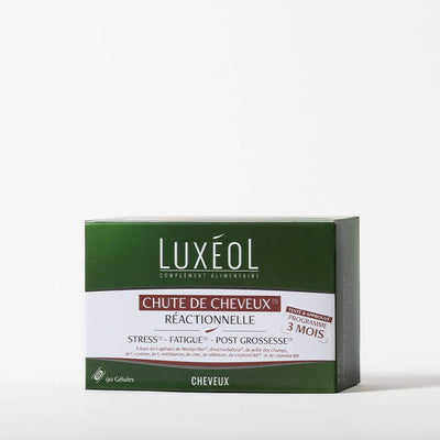 Luxéol Reactive Hair Loss 3‑month program box on minimal background, 90 capsules.