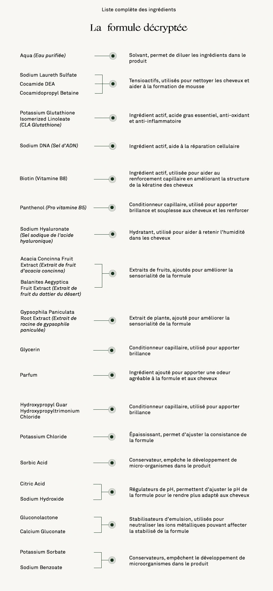 Decrypted formula chart with ingredient names and descriptions in French