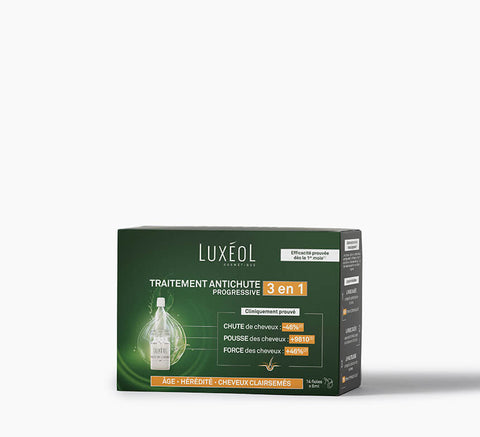 Luxeol hair 3 in 1 vials on white background
