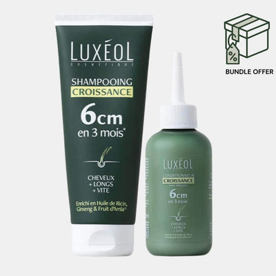 Two green bottles of Luxéol hair growth shampoo and conditioner next to a "Bundle Offer" icon.