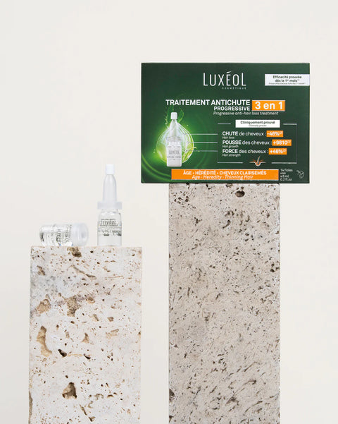 Luxéol treatment packaging with a bottle and stone surface on a white background