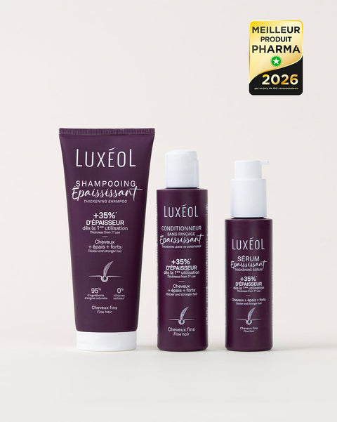 Luxéol hair care products including shampoo, conditioner, and serum on a white background with a 2026 award badge.