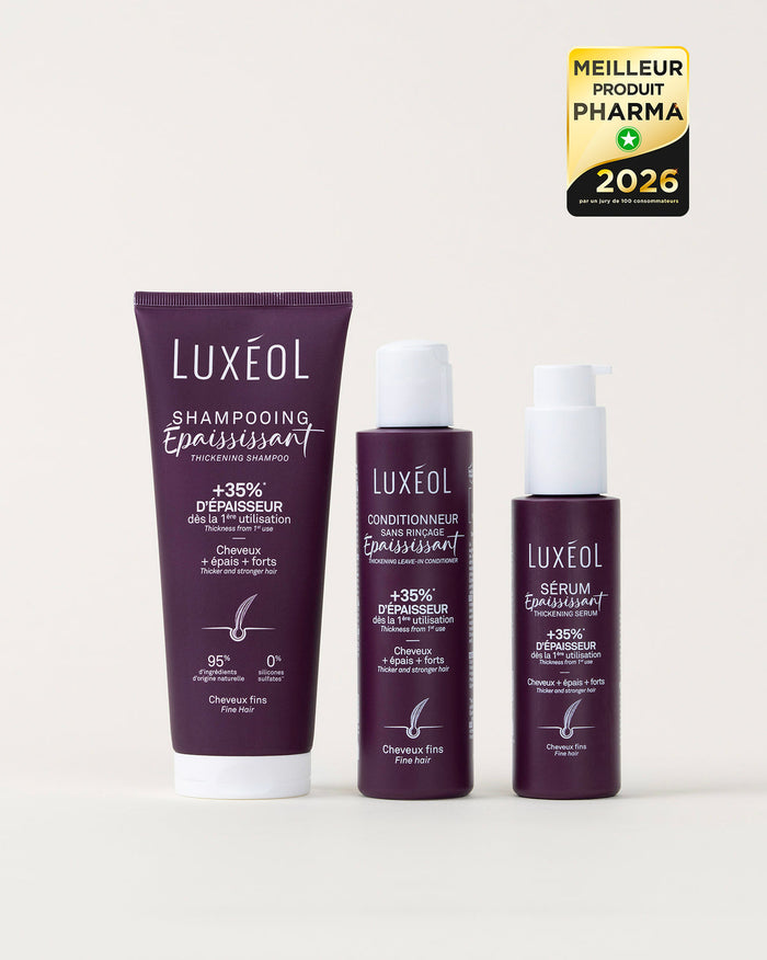 Luxéol hair care products including shampoo, conditioner, and serum on a white background with a 2026 award badge.