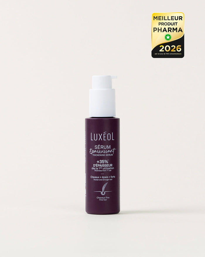 Luxéol hair serum bottle with a white cap on a light gray background, featuring a 2026 award label.